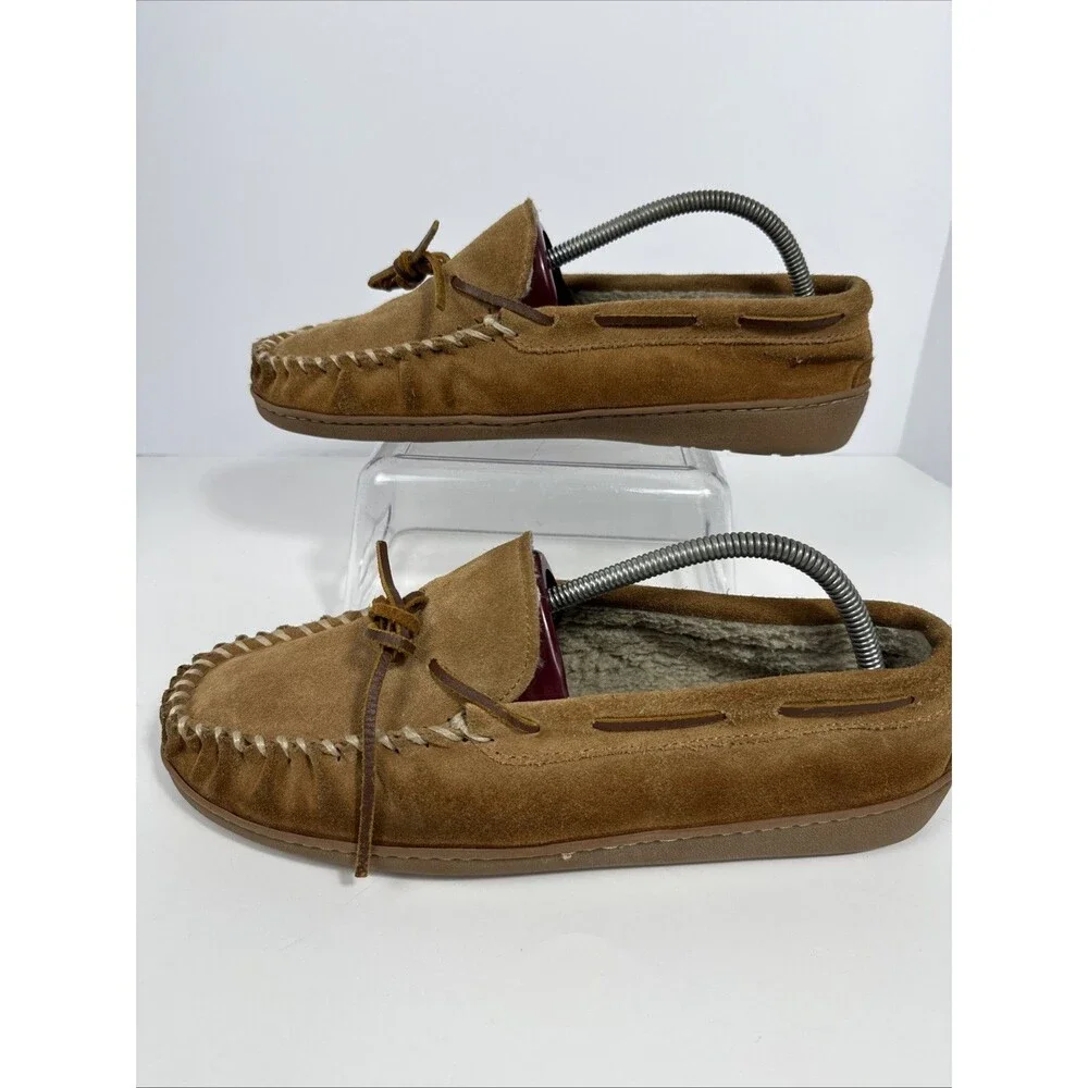 MINNETONKA TAN SUEDE LEATHER MEN'S MOCCASIN SLIPPERS FAUX FUR LINED SZ 10M